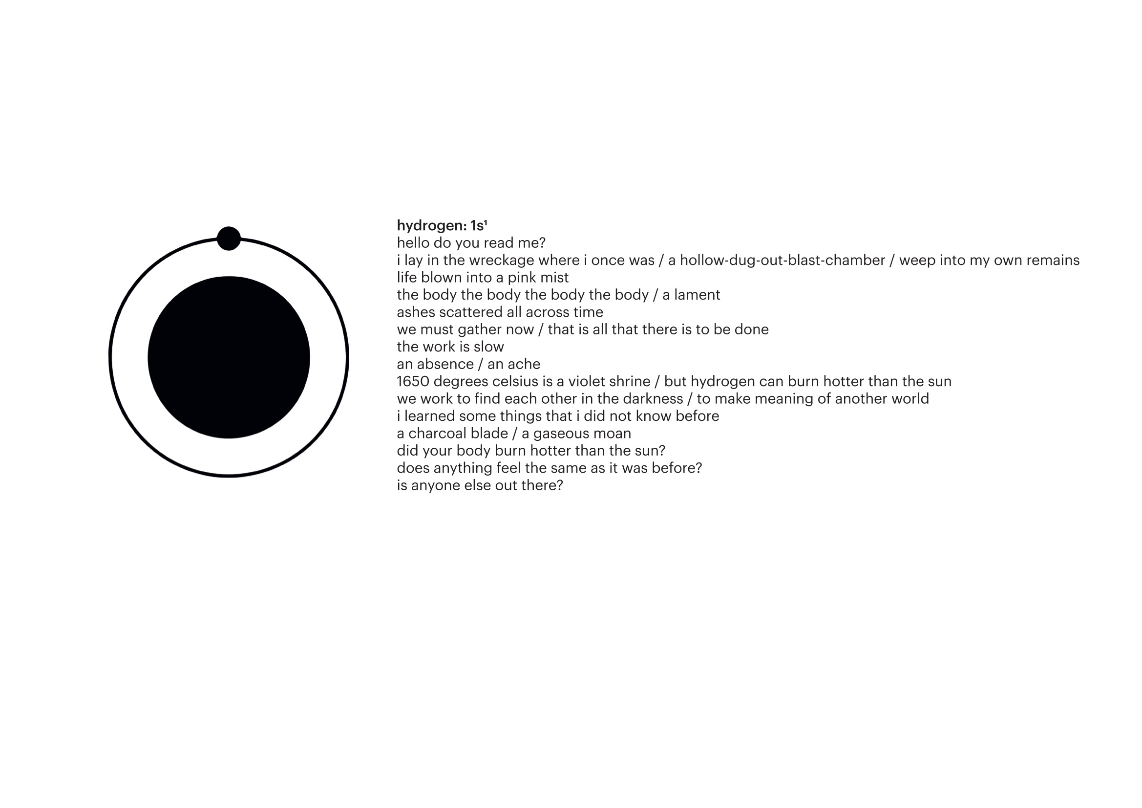 On the left is a black and white drawing of an oxygen atom. In bold font is the title:’oxygen: 1s22s22p4’. Underneath is the poem: ’hello do you read me?/ i lay in the wreckage where i once was / a hollow-dug-out-blast-chamber / weep into my own remains  life blown into a pink mist/ the body the body the body the body / a lament/ ashes scattered all across time  
                we must gather now / that is all that there is to be done/ the work is slow/ an absence / an ache/ 1650 degrees celsius is a violet shrine / but hydrogen can burn hotter than the sun/ we work to find each other in the darkness / to make meaning of another world/ i learned some things that i did not know before/ a charcoal blade / a gaseous moan/ did your body burn hotter than the sun?/ does anything feel the same as it was before?/ is anyone else out there?